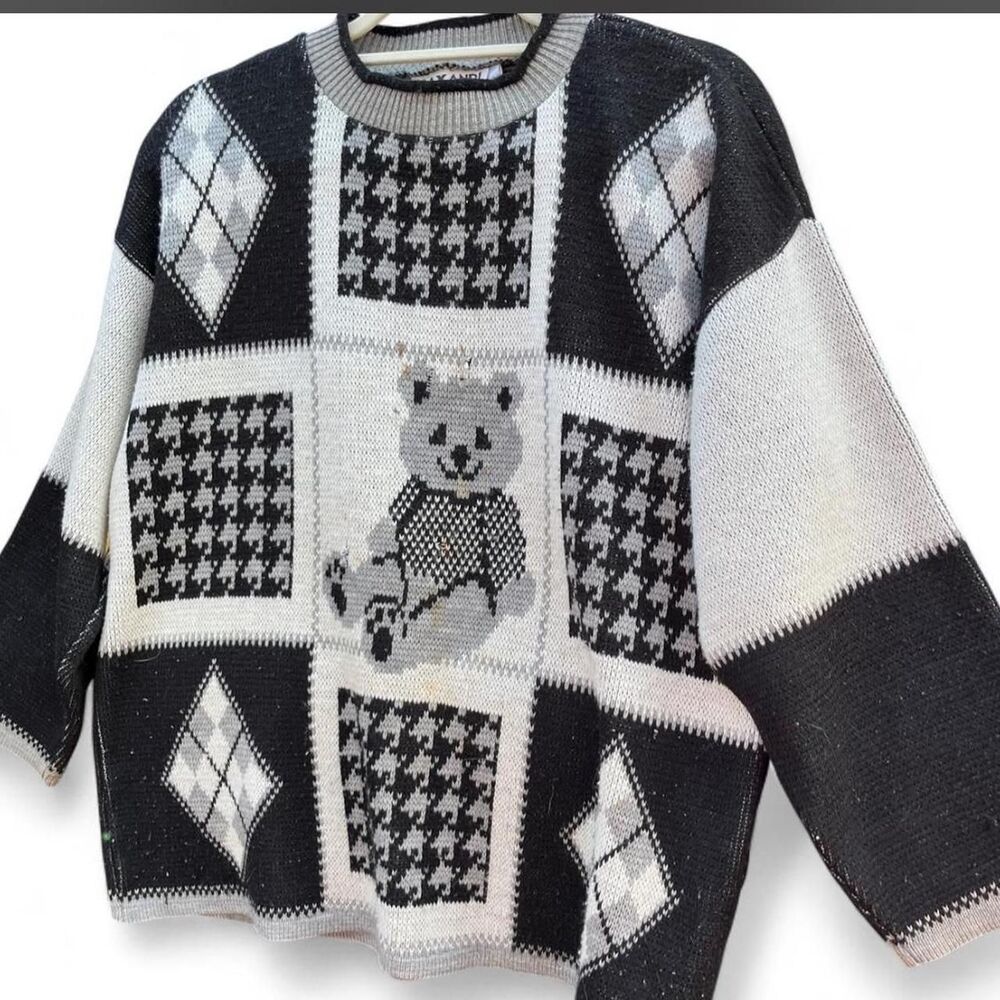 Vintage Maxandi Teddy Bear Patchwork Knit Sweater… - image 3